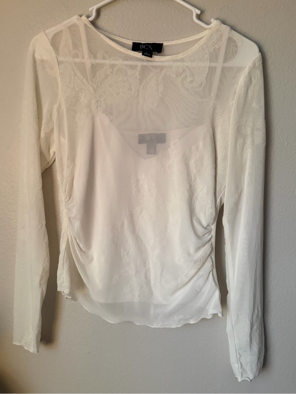 BCX White Sheer Paisley Mesh Top Cami Set Ruched Long Sleeve Blouse L fairycore